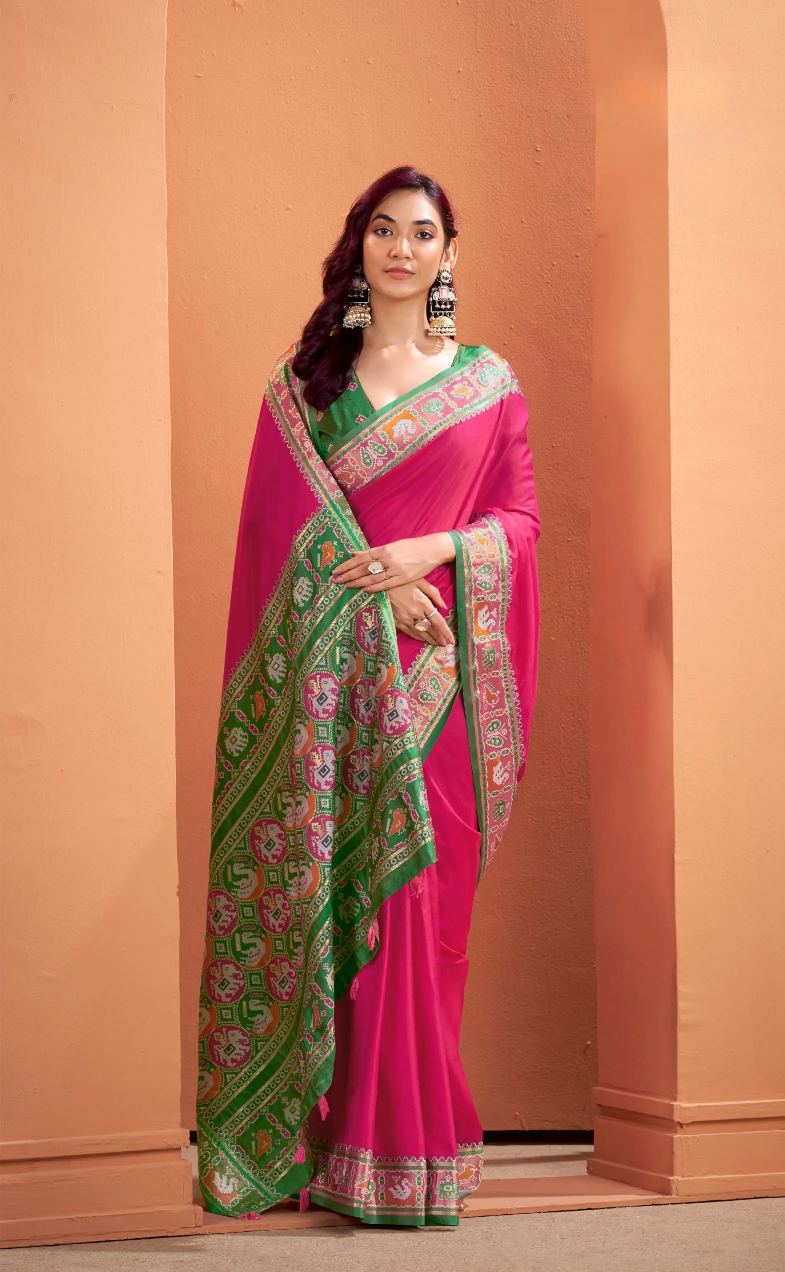 dark pink patola style motifs patola silk saree - kalyanja